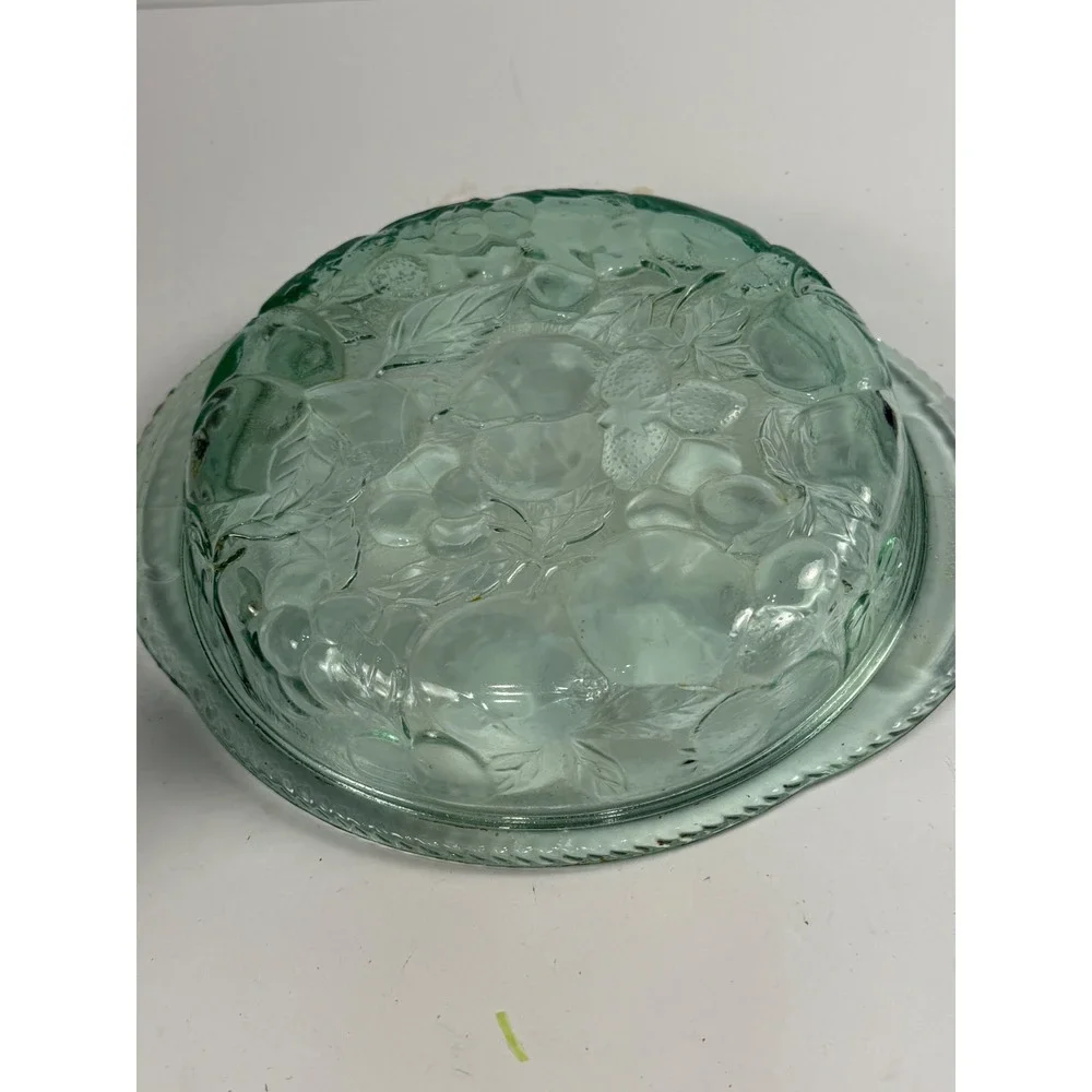 Vintage Libbey Green Glass Pie Dish Embossed Orchard Fruit Pattern Oven Proof 9